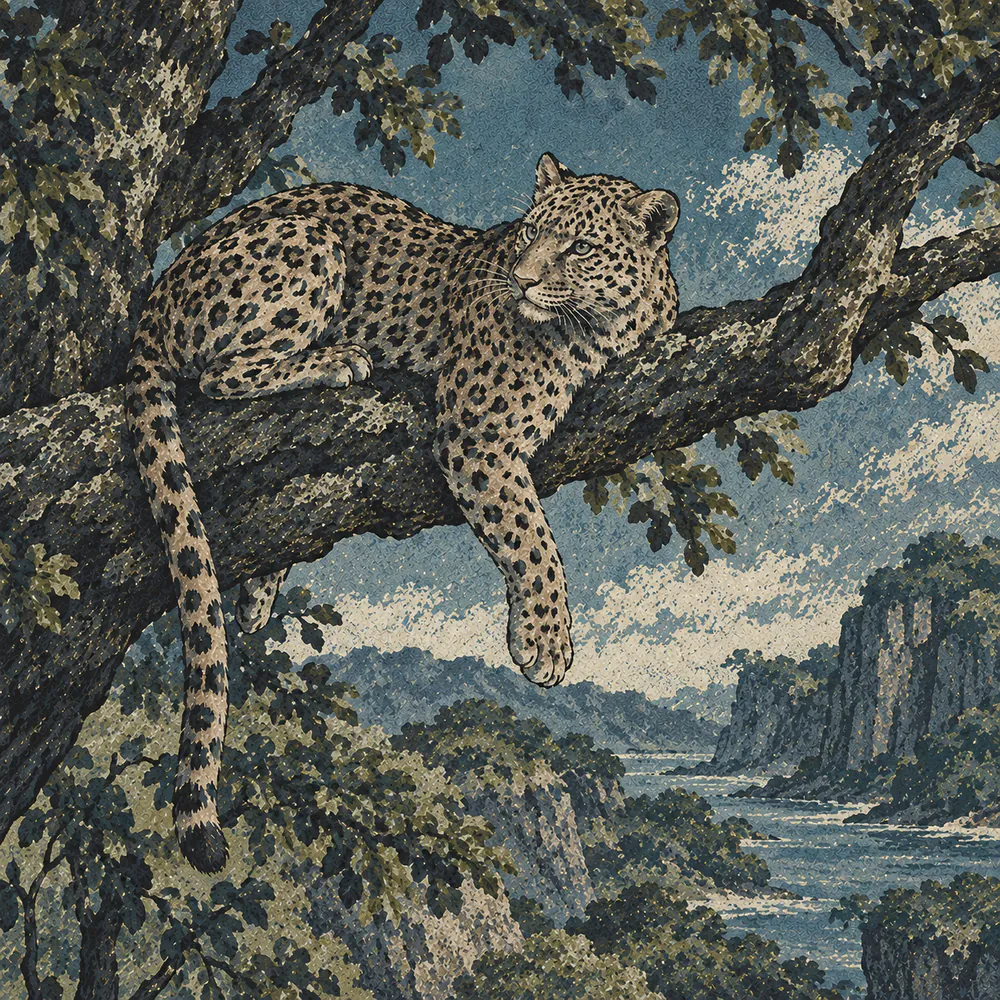 A woodcut leopard resting along the branch of a tree
